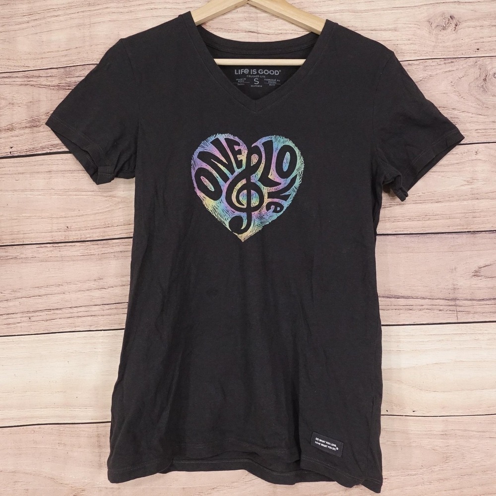 Life Is Good T-Shirt Womens S Black V-Neck Short Sleeve One Love Music‎ Top
